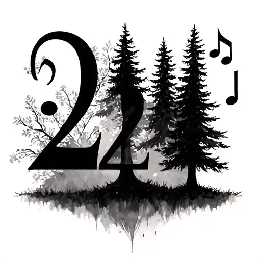 numbers 224 with trees and music notes tattoo design idea