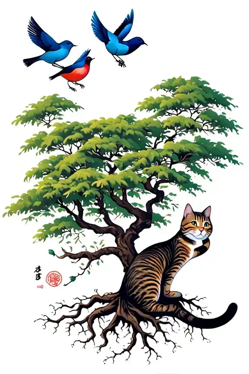 tabby cat playing with birds with a tree with roots reaching deep. the more nature the better.  tattoo design idea