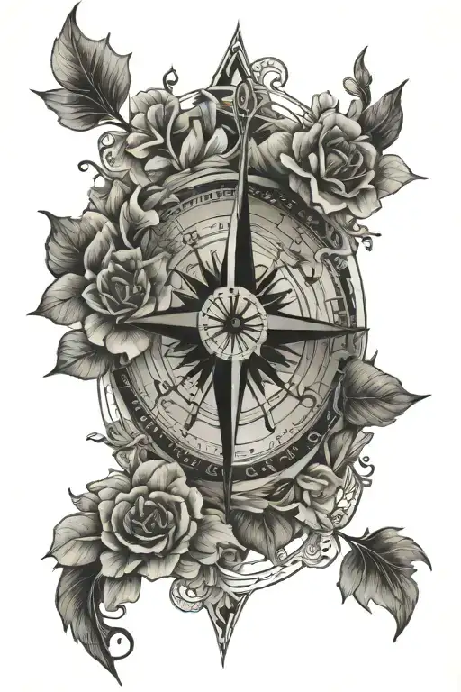  viking Compass, mountains, lake, two flowers, black and white   tattoo design idea