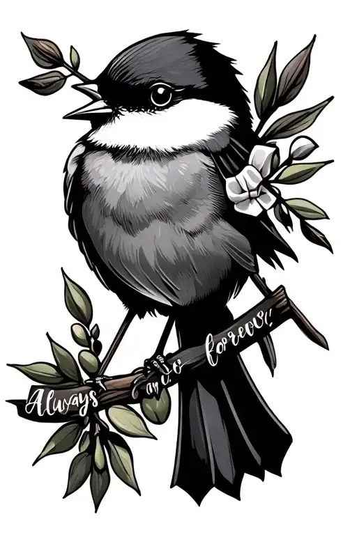 chickadee holding olive branch and arrows with a ribbon in its mouth that says always and forever tattoo design idea
