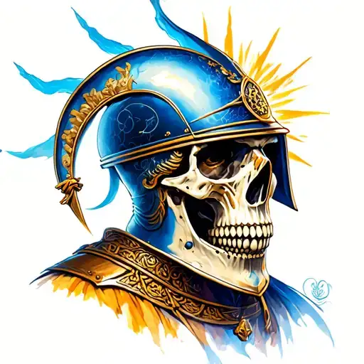 Aquarius zodiac worrier skull with greek style helmet and armor  tattoo design idea