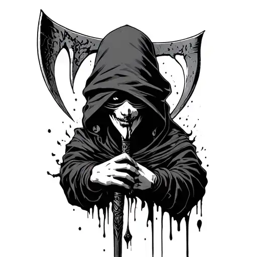 chrub blindfold holding scythe eyes bleeding tattoo design idea