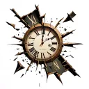 broken shattered clock with roman numerals and pieces flying off of it  tattoo design idea
