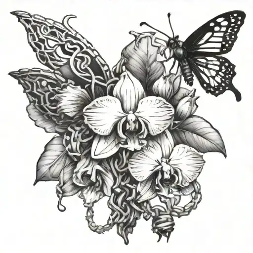  a hand holding a orchid with vines and chains wrapped around it, and a bee on top with a crown  tattoo design idea