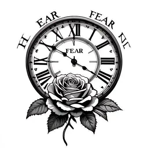 a roman numeral clock with a rose below it and the work FEAR inside of both of them and define the word fear sideways  tattoo design idea