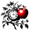 black apple tree with red apple and clock set to 11:59 Roman numerals in branches tattoo design idea