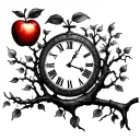 black apple tree with red apple and clock set to 11:59 Roman numerals in branches tattoo design idea