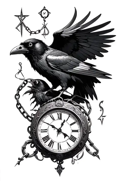 Runes, Chains, Clocks, Ravens Huginn and Muninn tattoo design idea