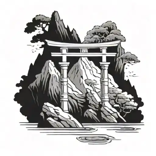 torii on mountain thin line tattoo design idea
