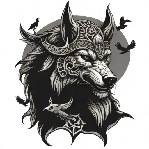 viking wolf with crows and viking witch tattoo design idea