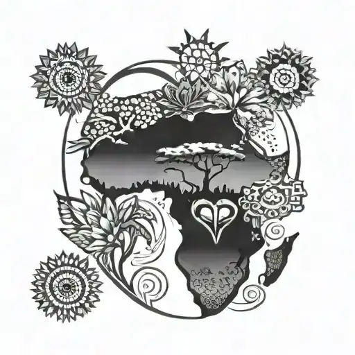 africa with heart sign situated and african tribal sunrise with african flowers tattoo design idea
