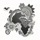 africa with heart sign situated and african tribal sunrise with african flowers tattoo design idea