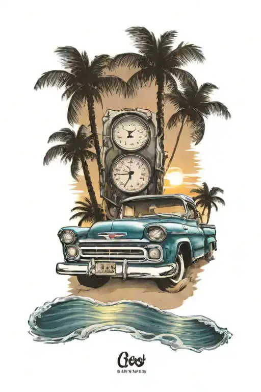 Chevy truck parked on the beach with a sunset and waves in the background speedometer below palm trees to the side tattoo design idea