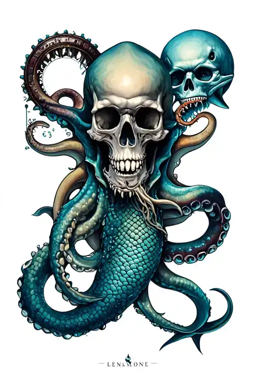 nautical arm sleeve with kraken, skull, shipwreck, mermaid, compass, shark's, underwater scene tattoo design idea