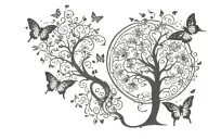 tree of life centre, Gemini goddesses left side , cancer goddess right. butterflies and flowers incorporated  tattoo design idea