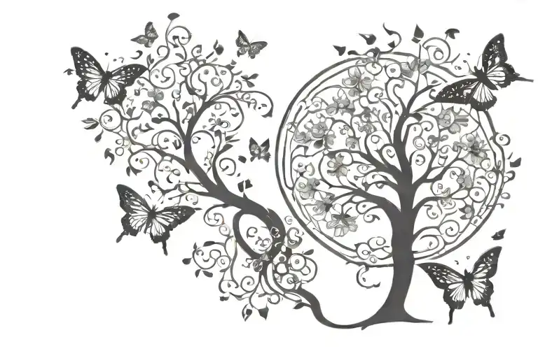 tree of life centre, Gemini goddesses left side , cancer goddess right. butterflies and flowers incorporated  tattoo design idea