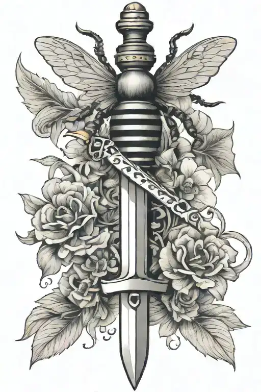 sword with a bee and key in the hilt tattoo design idea