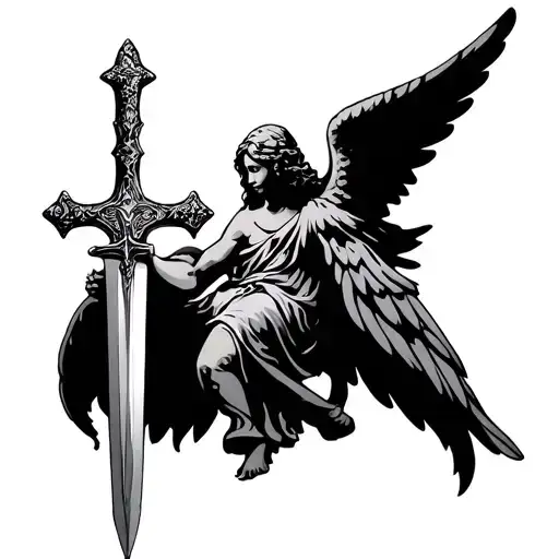 cross and angel holding a sword tattoo design idea
