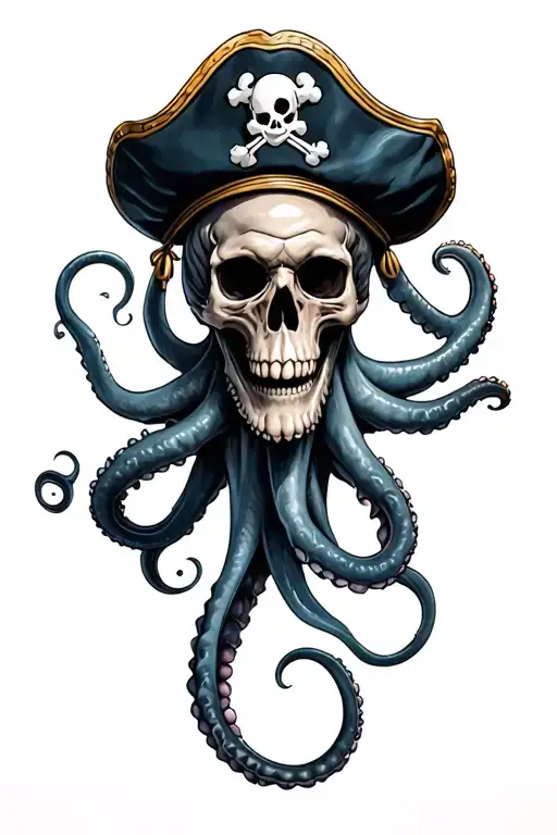 Kraken with skull head and wearing a pirate hat tattoo design idea