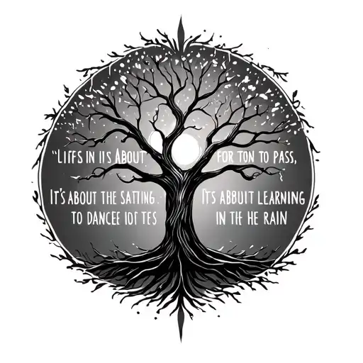 Tree of life with words saying ‘life isn’t about waiting for the storm to pass, it’s about learning to dance in the rain tattoo design idea