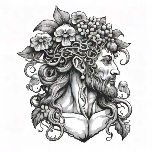 Dionysus God with Cubensis mushrooms coming out of head emerging beautiful  tattoo design idea