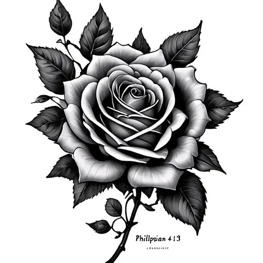 black and grey rose vines with the verse Philippians 4:13 tattoo design idea