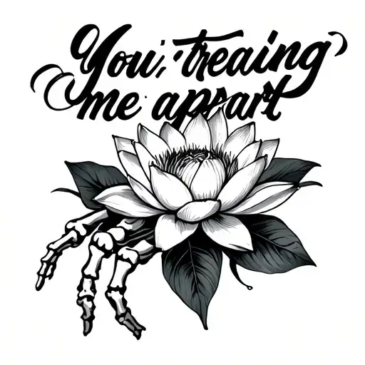 "You’re tearing me apart" skeleton hand and lotus flower tattoo design idea