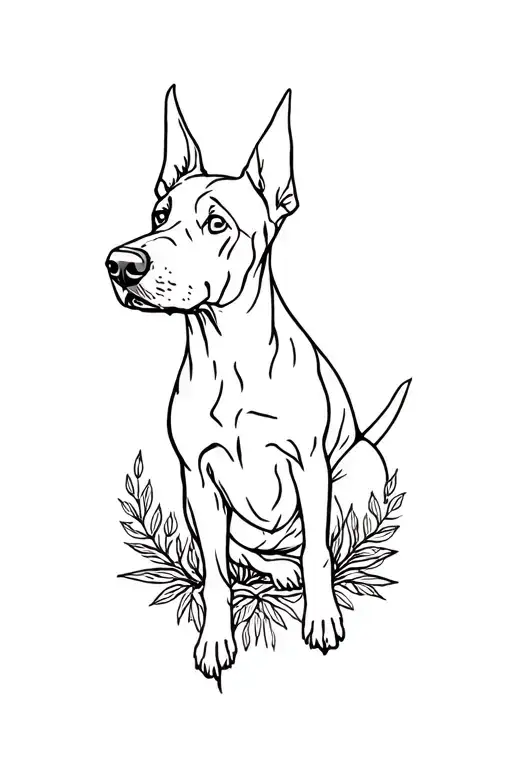 A minimalist tattoo of a Doberman surrounded by earthy elements tattoo design idea