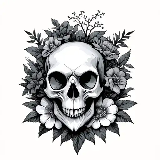 bird skull, flowers, trees, satanic symbols tattoo design idea