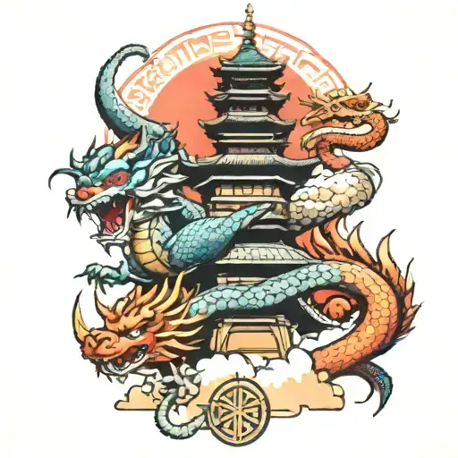 Japan style tower with dragon wrapping round similar to shenronnon from dragon ball   tattoo design idea