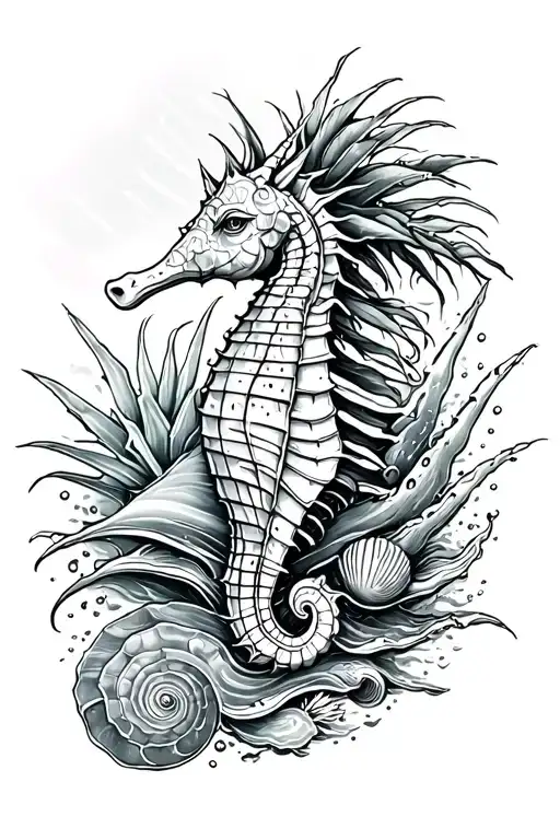 fore arm full sleeve tattoo, black ink only. feminine and Suttle. waves, ocean,  seahorse, shells, aloe vera tree, dolph tattoo design idea