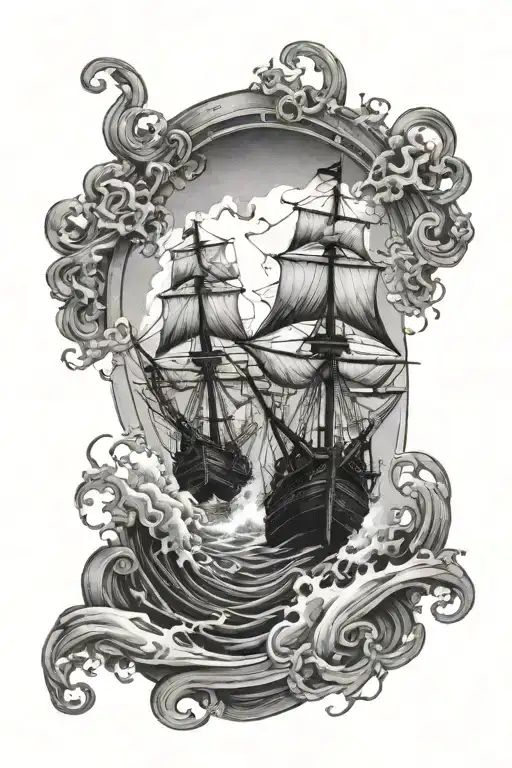 two pirates ships fighting in a whirlpool tattoo design idea