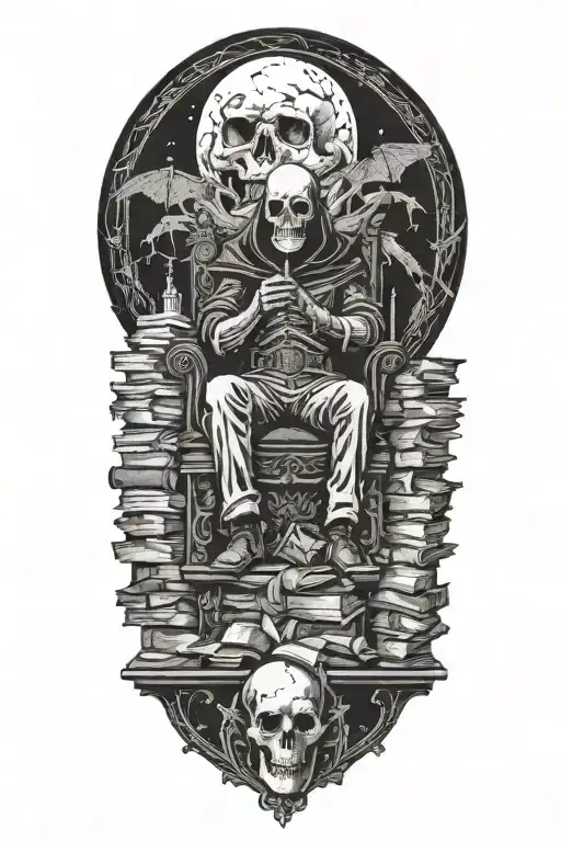 A dark figure sitting on a throne of books and skull. Full moon above. Bats flying. tattoo design idea