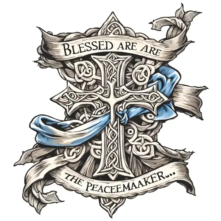 Celtic Cross with ""Blessed are the peacemakers." written on a blue sash draped  on cross. tattoo design idea