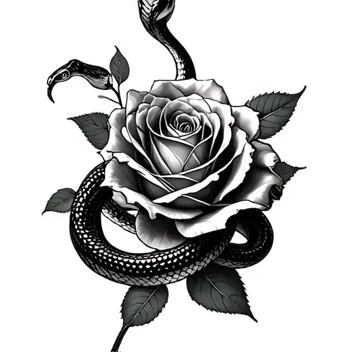 "Snake wrapped around a rose, black and grey realism tattoo" tattoo design idea