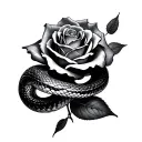 "Snake wrapped around a rose, black and grey realism tattoo" tattoo design idea