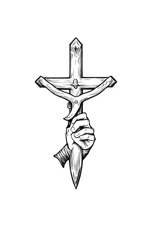 sword and hand plow with a crucifix wooden cross tattoo design idea