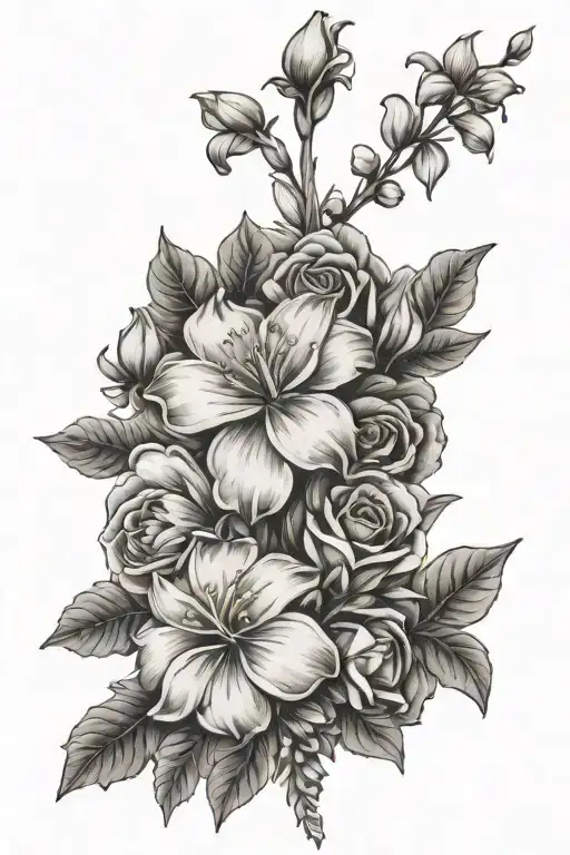 july and may birth flower bouquet with western cross tattoo design idea