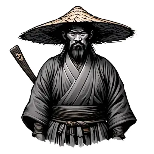 Japan Ronin wearing a straw hat standing tattoo design idea