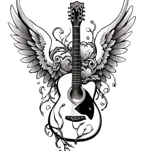 twisting vines with guitar line art with a heart and wings tattoo design idea