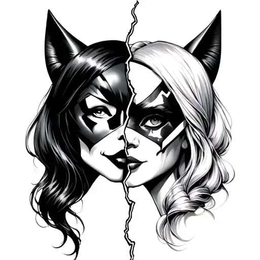 catwomen and harley quin comedy tragedy mask split in half tattoo design idea