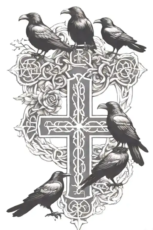 crow family crest with 2 large crows and 4 small crows with celtic cross tattoo design idea