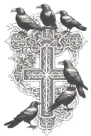 crow family crest with 2 large crows and 4 small crows with celtic cross tattoo design idea