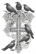 crow family crest with 2 large crows and 4 small crows with celtic cross tattoo design idea