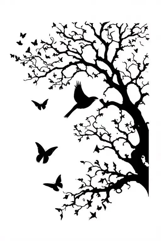 cardinal flying, tree silhouette, butterflies tattoo design idea