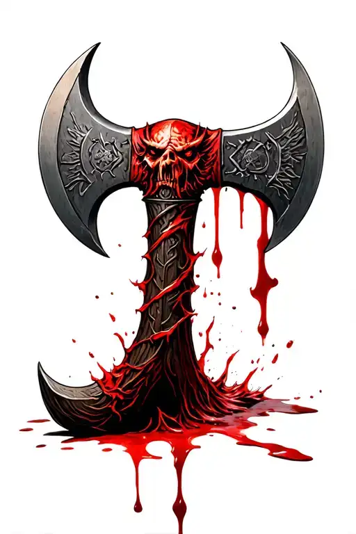 viking battle axe head stuck in arm blood running from cut tattoo design idea