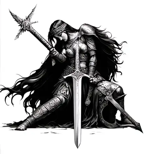 valkyrie mourning over fallen warrior wielding a sword tattoo design idea