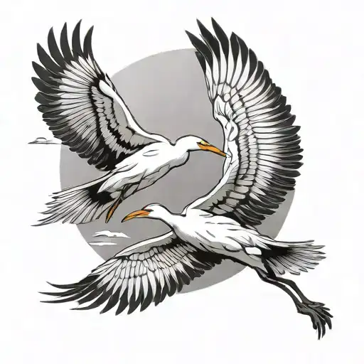 two japanese cranes flying while facing each other in the sun tattoo design idea
