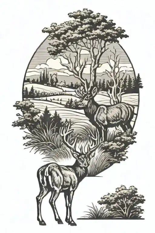 1950s country landscape featuring a big buck standing tattoo design idea
