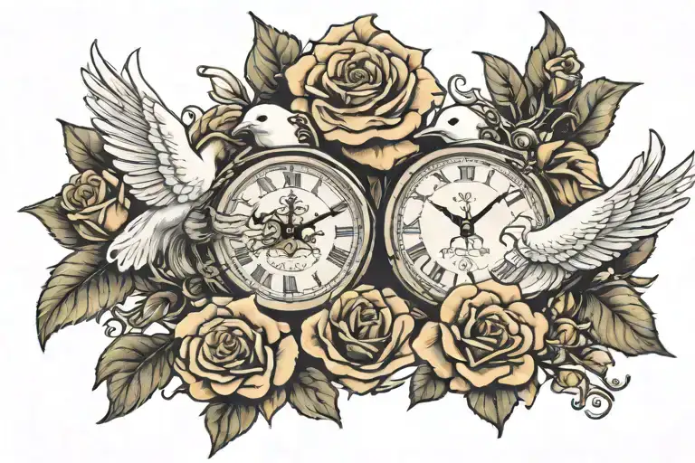 dove clock and rose , importance of time to loved ones tattoo design idea
